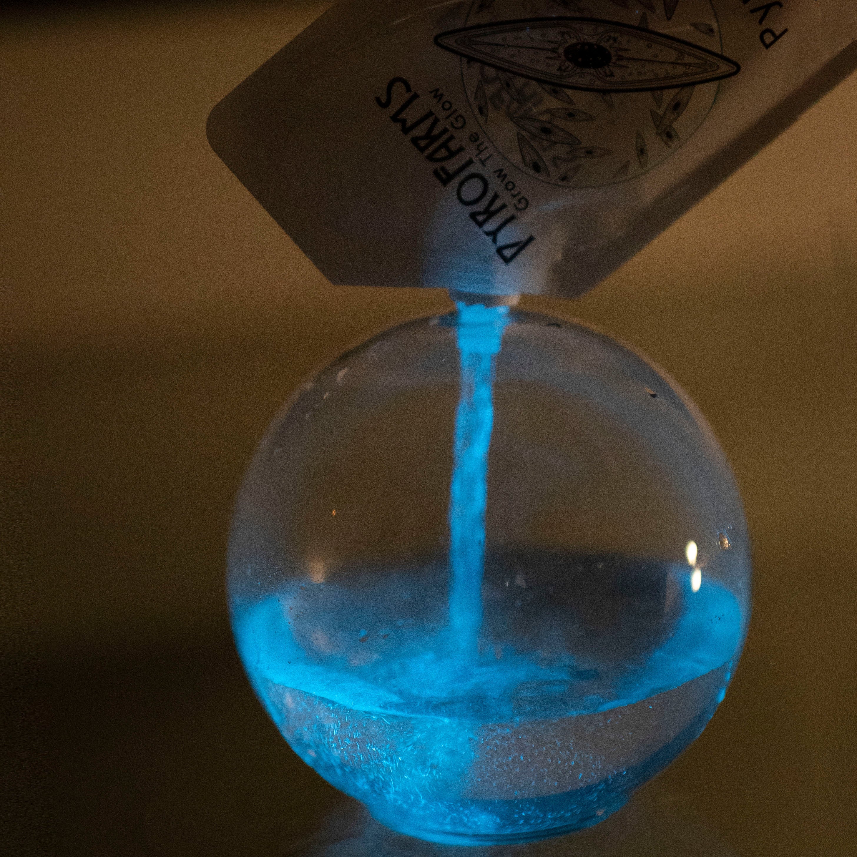Bio-Orb filled at night with natural bioluminescence
