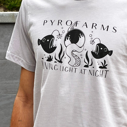 Pyrofarms ice (gray) t-shirt printed with algae ink. 