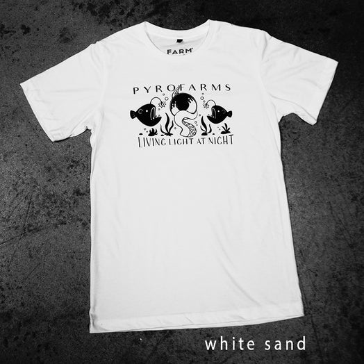 Pyrofarms white sand t-shirt printed with algae ink.